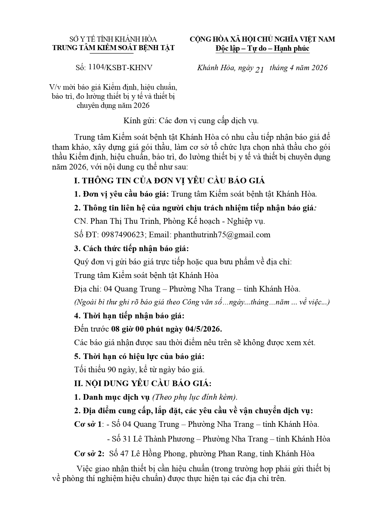 V/v mời báo giá Kiểm định, hiệu chuẩn, bảo trì, đo lường thiết bị y tế và thiết bị chuyên dụng năm 2026